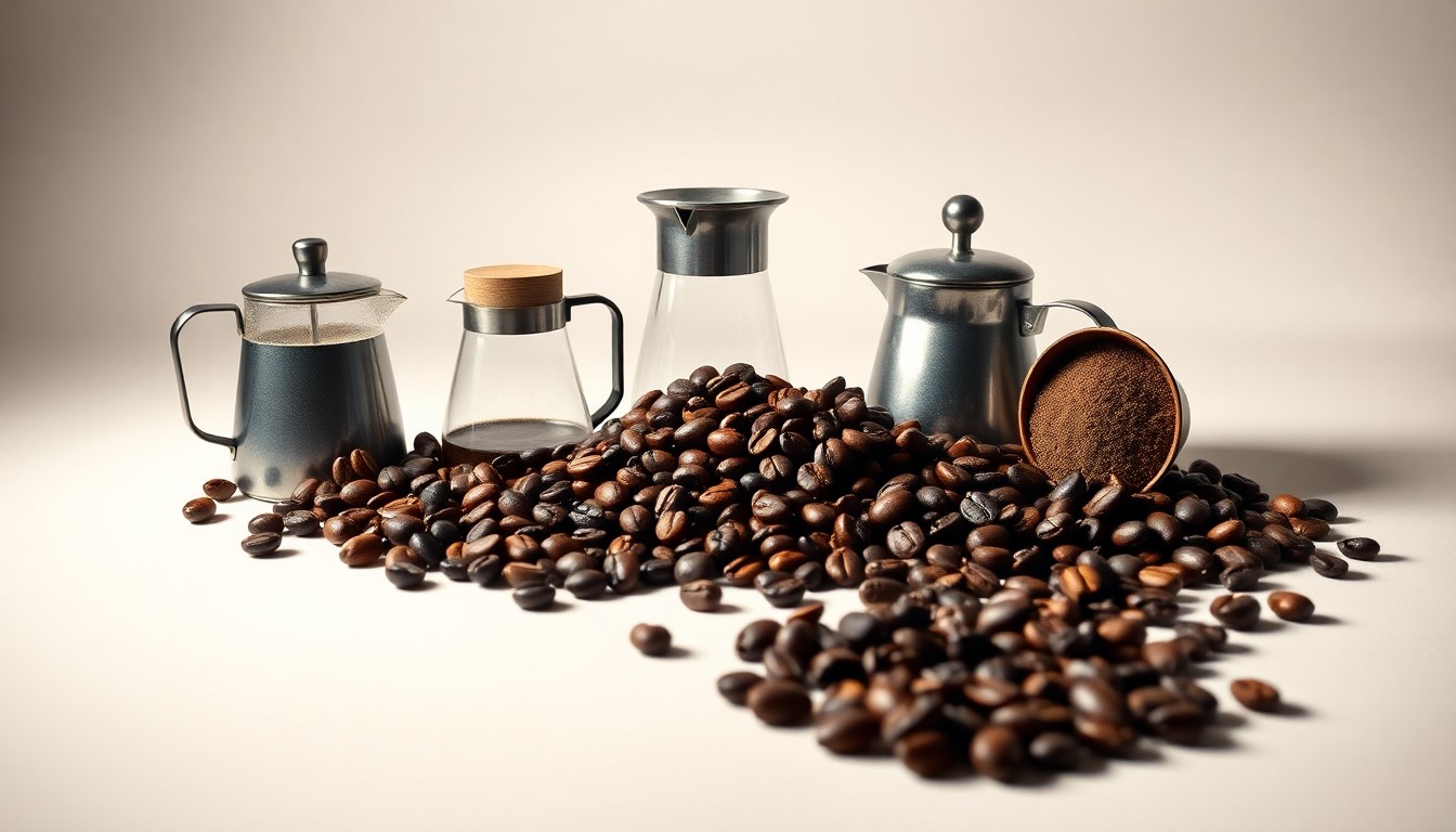 A photorealistic studio still life featuring a selection of premium, polished Ugandan coffee beans and brewing equipment arranged elegantly on a clean, monochromatic background, conceptually representing the quality and craftsmanship of Uganda's coffee industry.