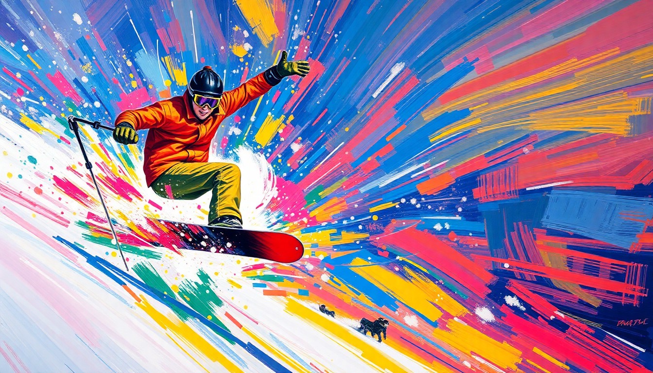 A vibrant, expressionist painting using neon colors and rapid brushstrokes to capture the dynamic movements and aerial tricks of snowboarding and freeskiing, conceptually representing the energy and athleticism of a new winter sports competition in Park City.