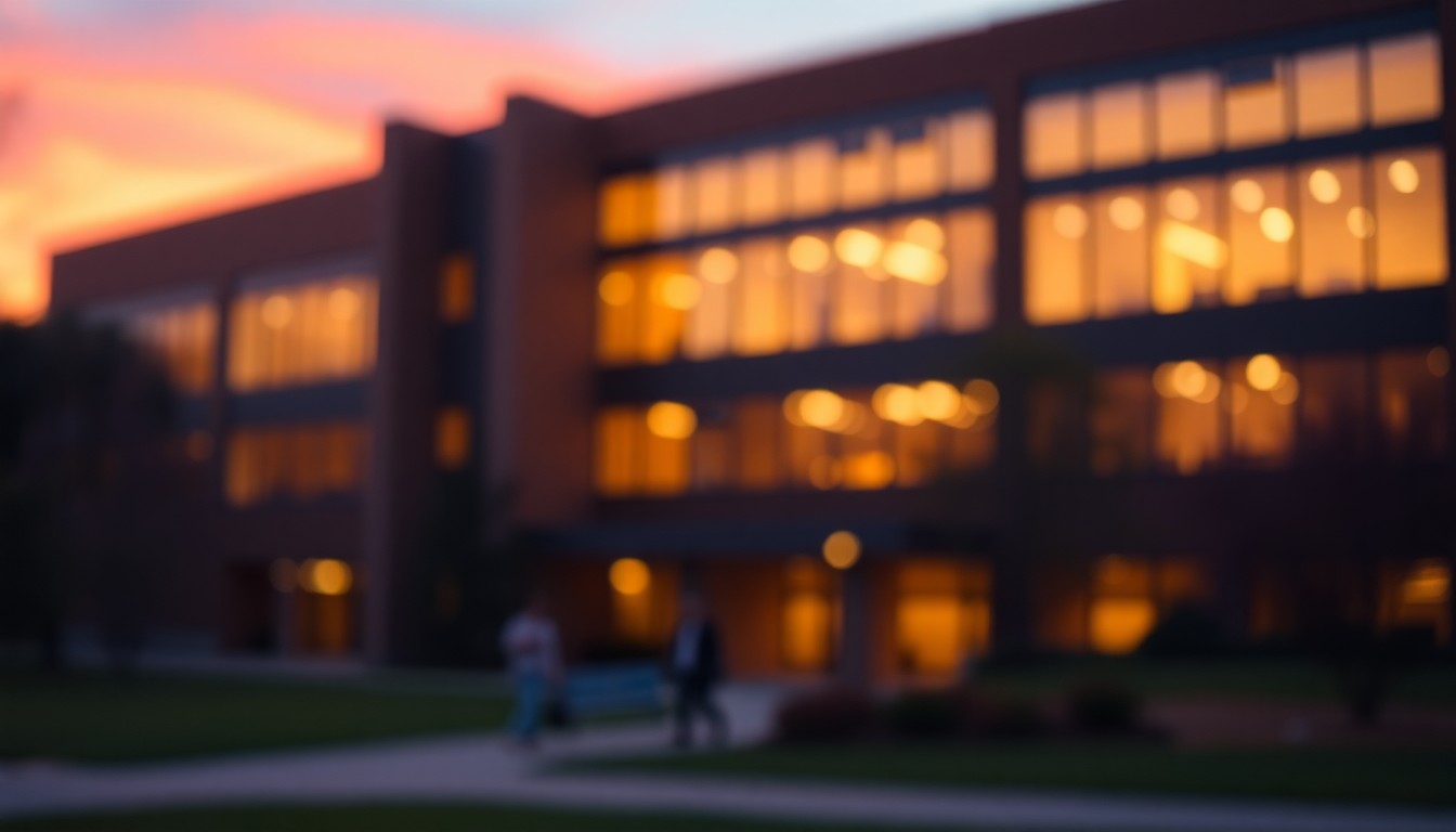 An abstract, impressionistic scene of a college building at dusk, with warm, soft pools of light and color reflecting off the windows, conceptually representing the gas leak incident on the University of Iowa campus.
