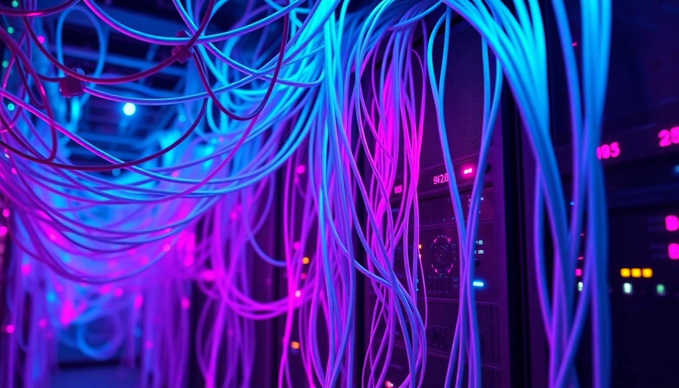 A highly detailed, glowing 3D illustration of tangled fiber optic cables and server racks, bathed in neon cyan and magenta lights, conceptually representing the complex, interconnected infrastructure struggling to secure the surge of unstructured enterprise data.