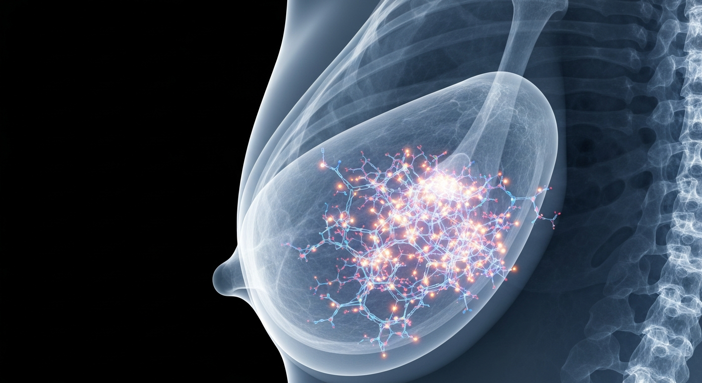 A highly detailed, translucent X-ray image showing the complex internal structures of a human breast, with glowing lines and shapes representing the genetic and molecular factors that influence tumor growth and survival.
