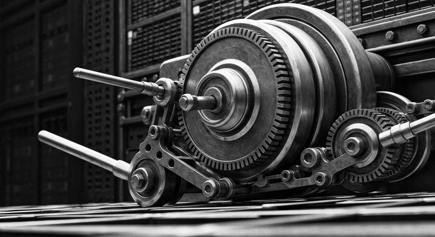 A high-contrast, close-up image of the intricate mechanical components of a financial trading platform, representing the complex infrastructure powering modern institutional finance.