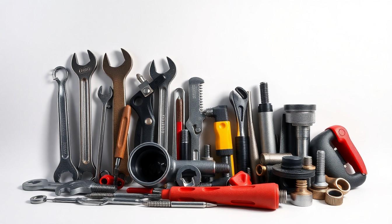 A photorealistic studio still life featuring a collection of premium tools and materials used in aircraft maintenance, including wrenches, screwdrivers, and aircraft parts, arranged elegantly on a clean, monochromatic background to symbolize the importance of skilled mechanics in ensuring air travel safety.