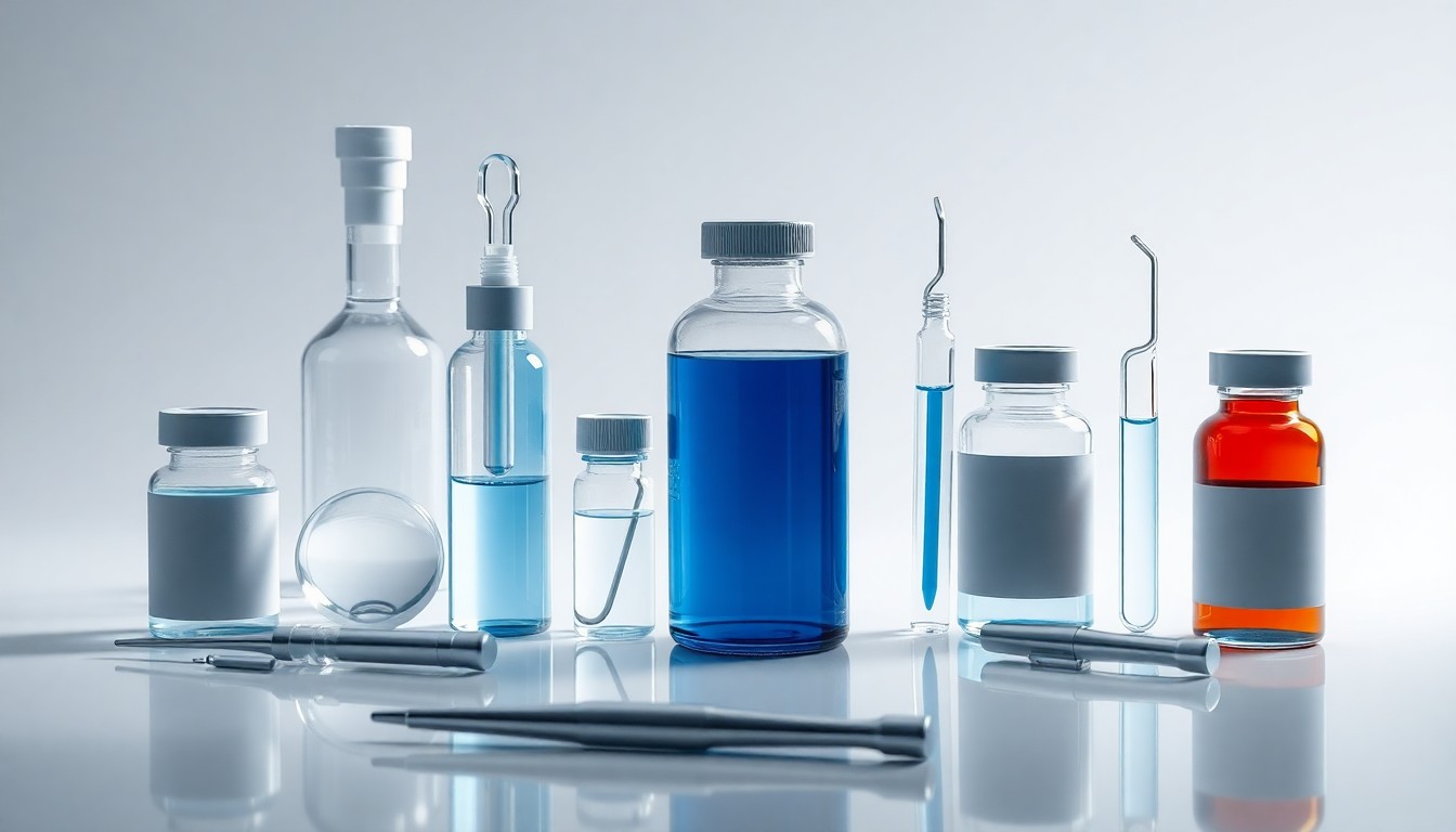 A photorealistic studio still life featuring a group of polished medical instruments and vials arranged on a clean, monochromatic background, symbolizing the precision and care involved in pharmaceutical research and development.