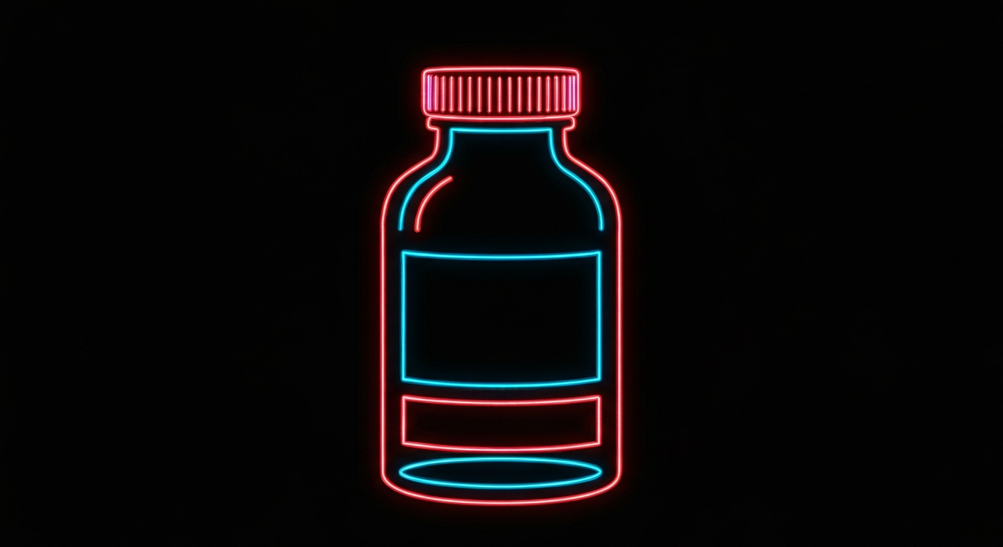 A minimalist neon outline of a medicine bottle, its shape and details defined by glowing electric lines against a dark background, conceptually representing the importance of affordable pharmaceuticals.