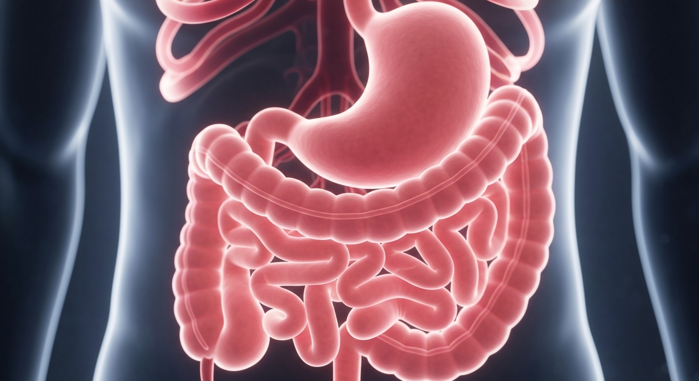 A translucent X-ray photograph revealing the internal structures of the human digestive system, with a faint neon-like glow, conceptually representing the effectiveness of a new weight loss medication.