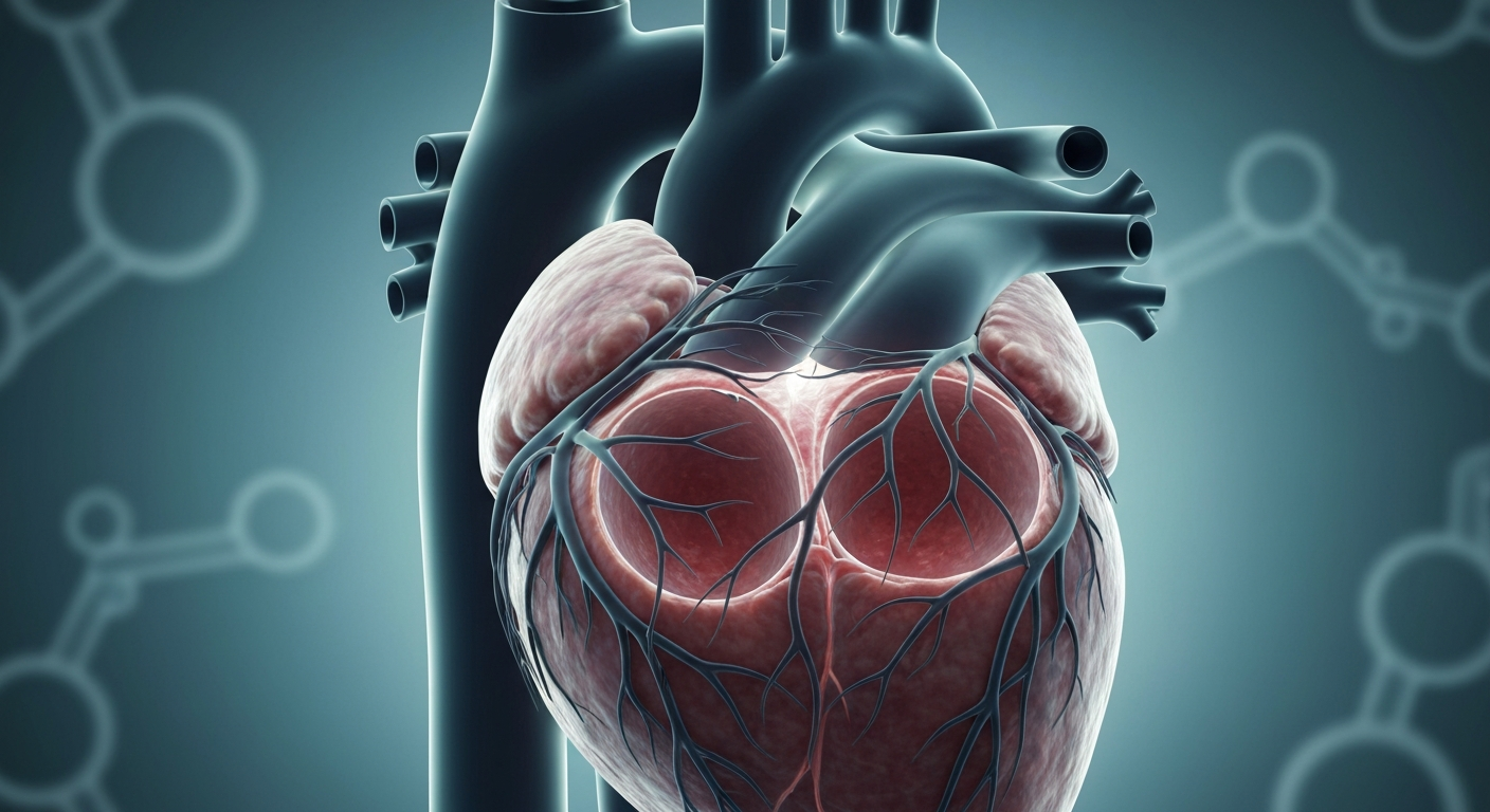 An ethereal, ghostly X-ray image of the internal structure of a human heart, with delicate lines and glowing red highlights, conceptually representing the promise of new treatments for a rare cardiac disease.