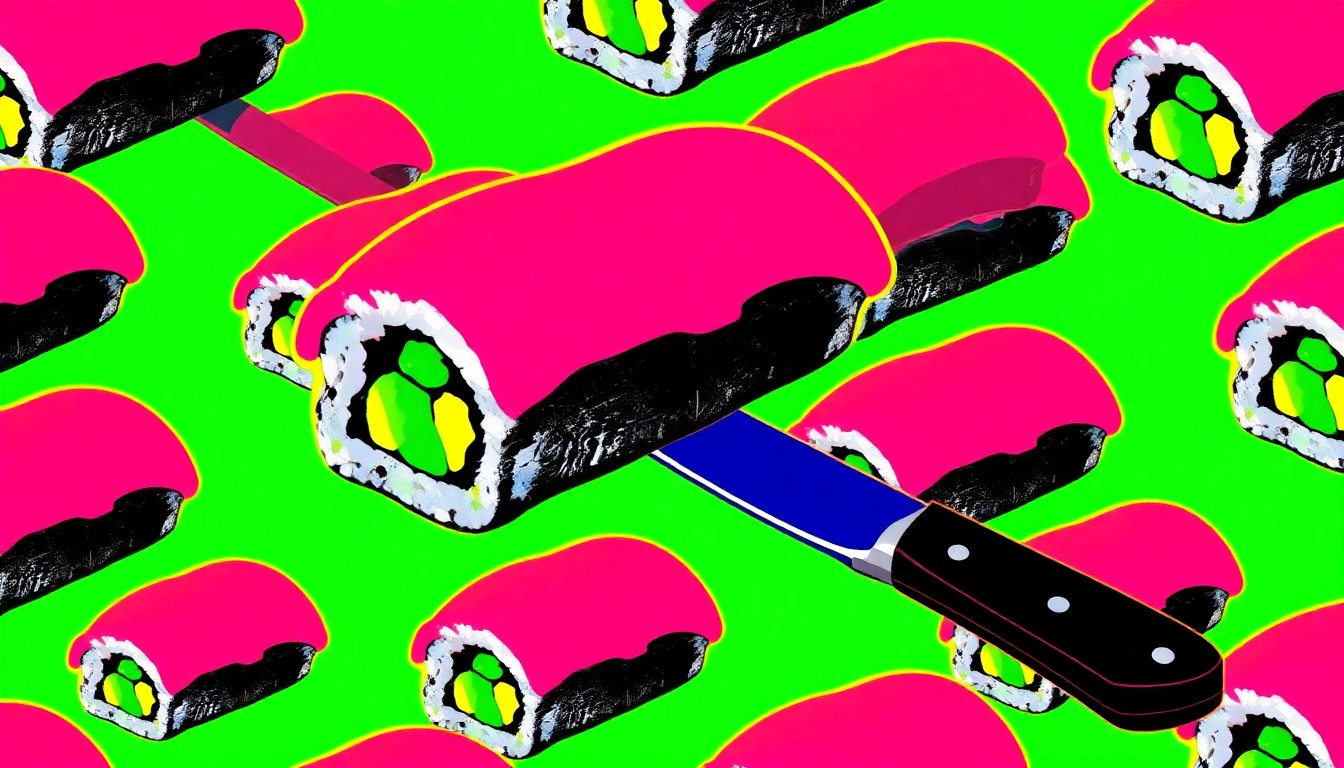 A bold, colorful silkscreen-style illustration featuring repeated images of a sushi roll and chef's knife, conveying the energy and creativity of the Milwaukee dining landscape.