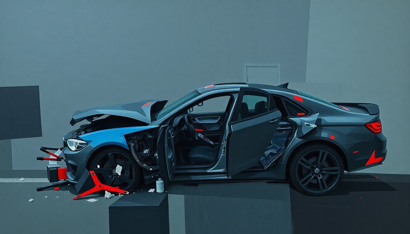 A fractured, geometric painting depicting the chaotic aftermath of a car crash, with sharp planes of dark colors and overlapping shapes representing the fragmented details of the incident.