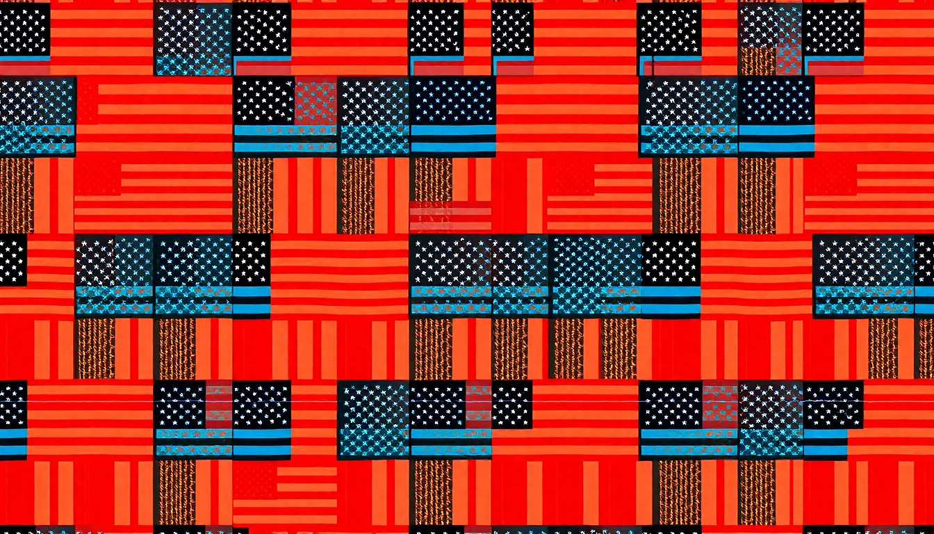 A bold, stylized illustration of an American flag icon repeated in a grid pattern, rendered in a high-contrast, silkscreen pop art style with vibrant neon colors and heavy black outlines, conceptually representing the festive community celebrations marking the nation's 250th birthday.