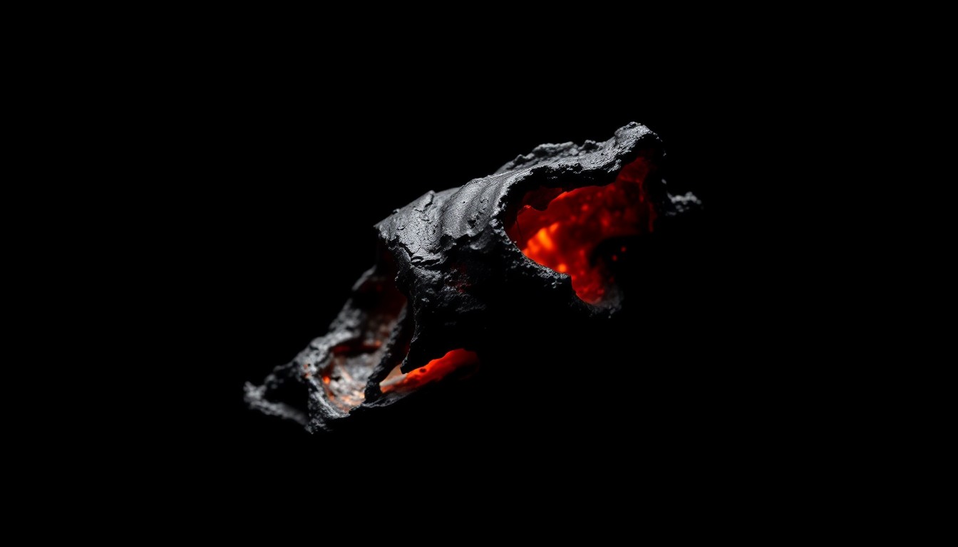 An extreme close-up photograph of a charred, twisted piece of metal against a pitch-black background, conceptually illustrating the aftermath of a domestic disturbance incident.