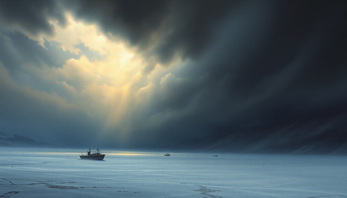 A vast, frozen landscape painting in muted tones of gray, white, and blue, with heavy clouds obscuring the horizon and a sense of foreboding in the air, conceptually representing the impending winter storm and its potential impact on the local community.