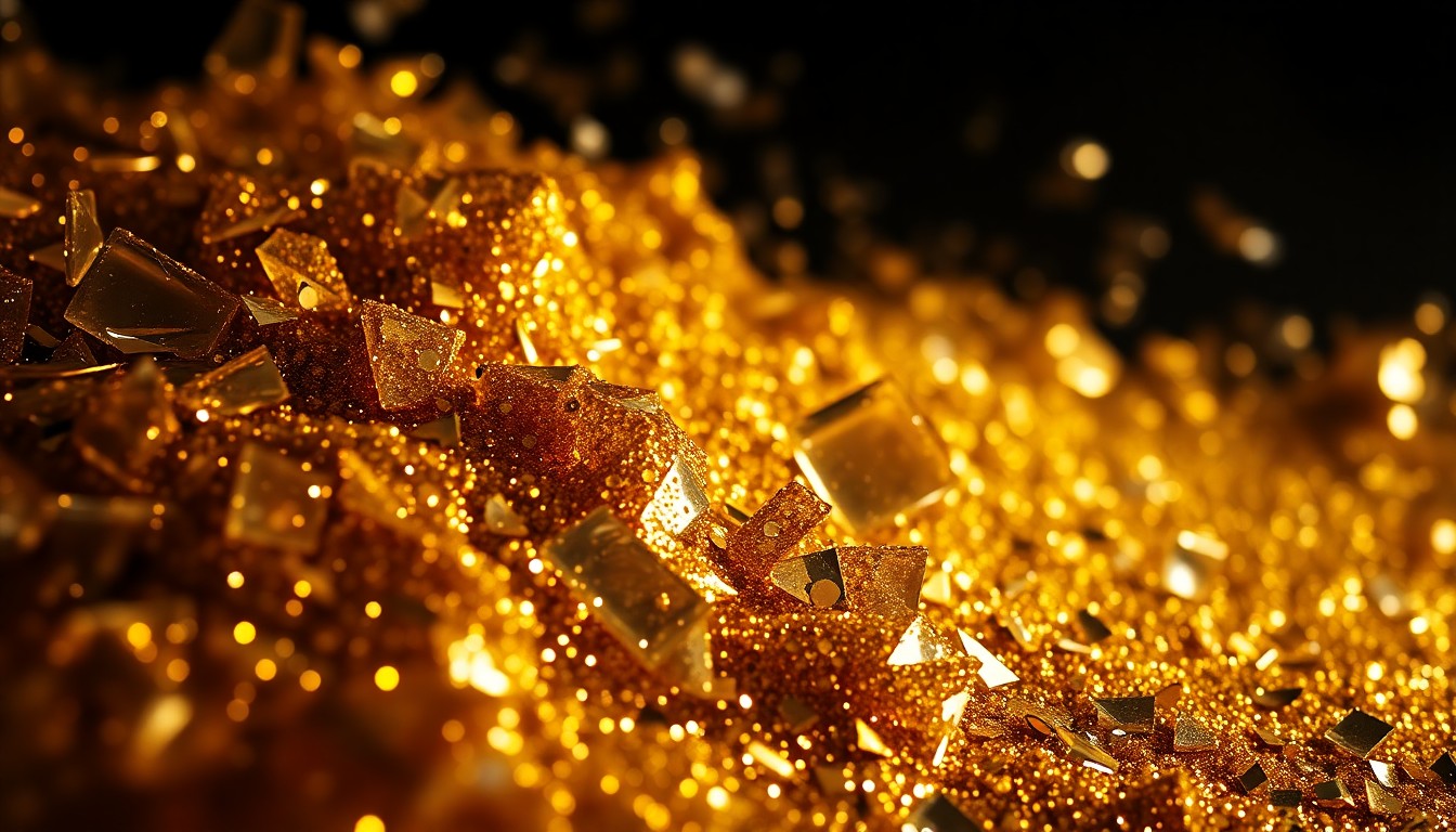An extreme close-up of shimmering golden sequins and jagged shards of glass, creating a high-contrast, abstract texture that evokes the glamour and drama of classic Hollywood.