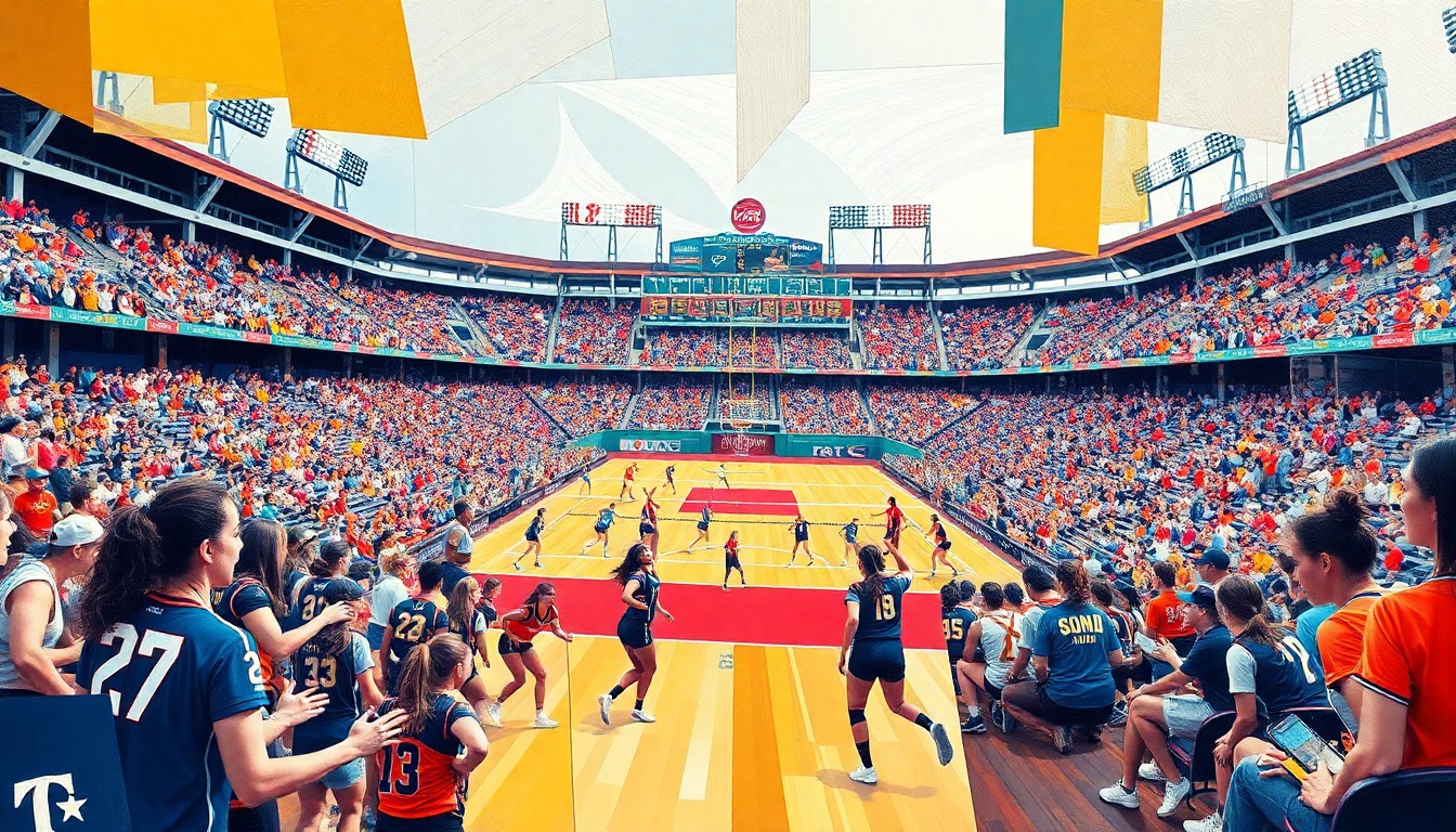 A cubist, geometric painting depicting a women's volleyball match at Wrigley Field, with the court and players fractured into overlapping planes of bright, vibrant colors.