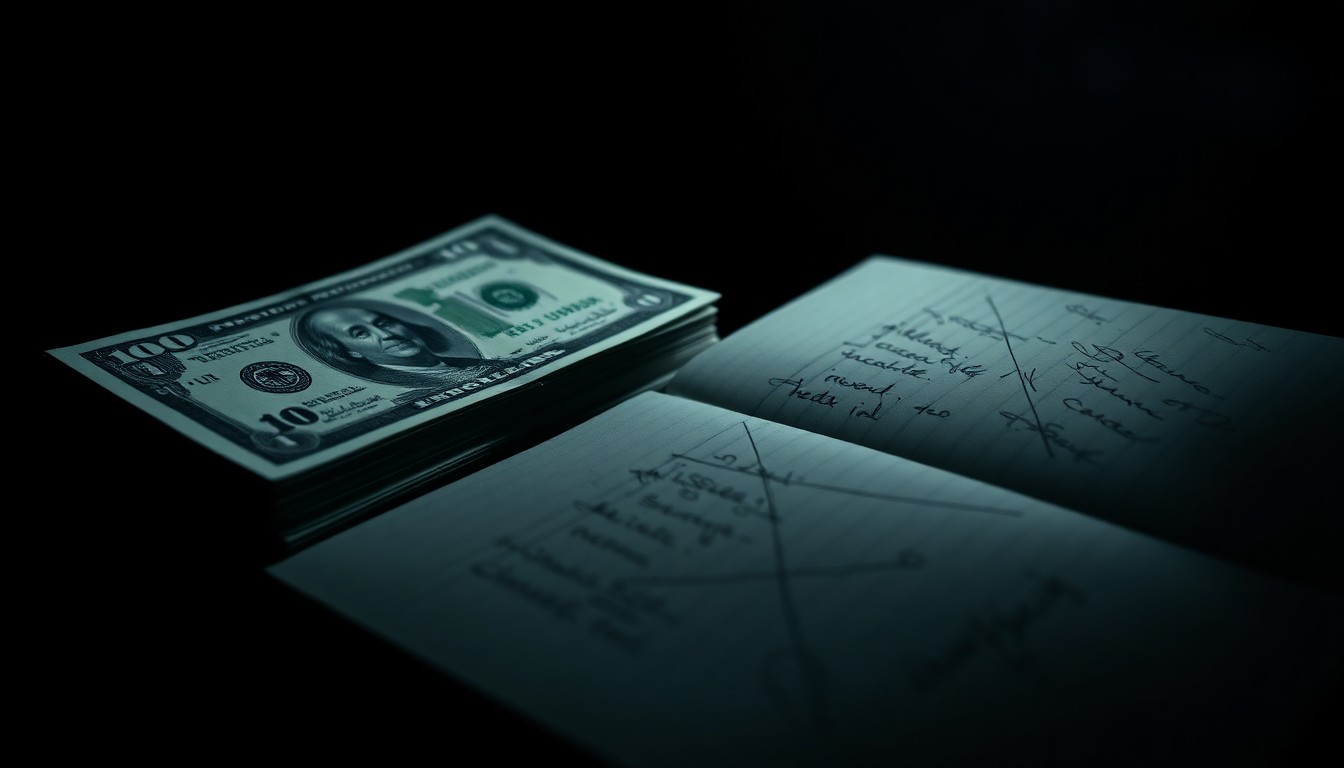 An extreme close-up photograph of a stack of cash or a ledger book with handwritten notes, lit by a harsh, direct camera flash against a pitch-black background, conceptually illustrating the gritty details of a federal corruption investigation.