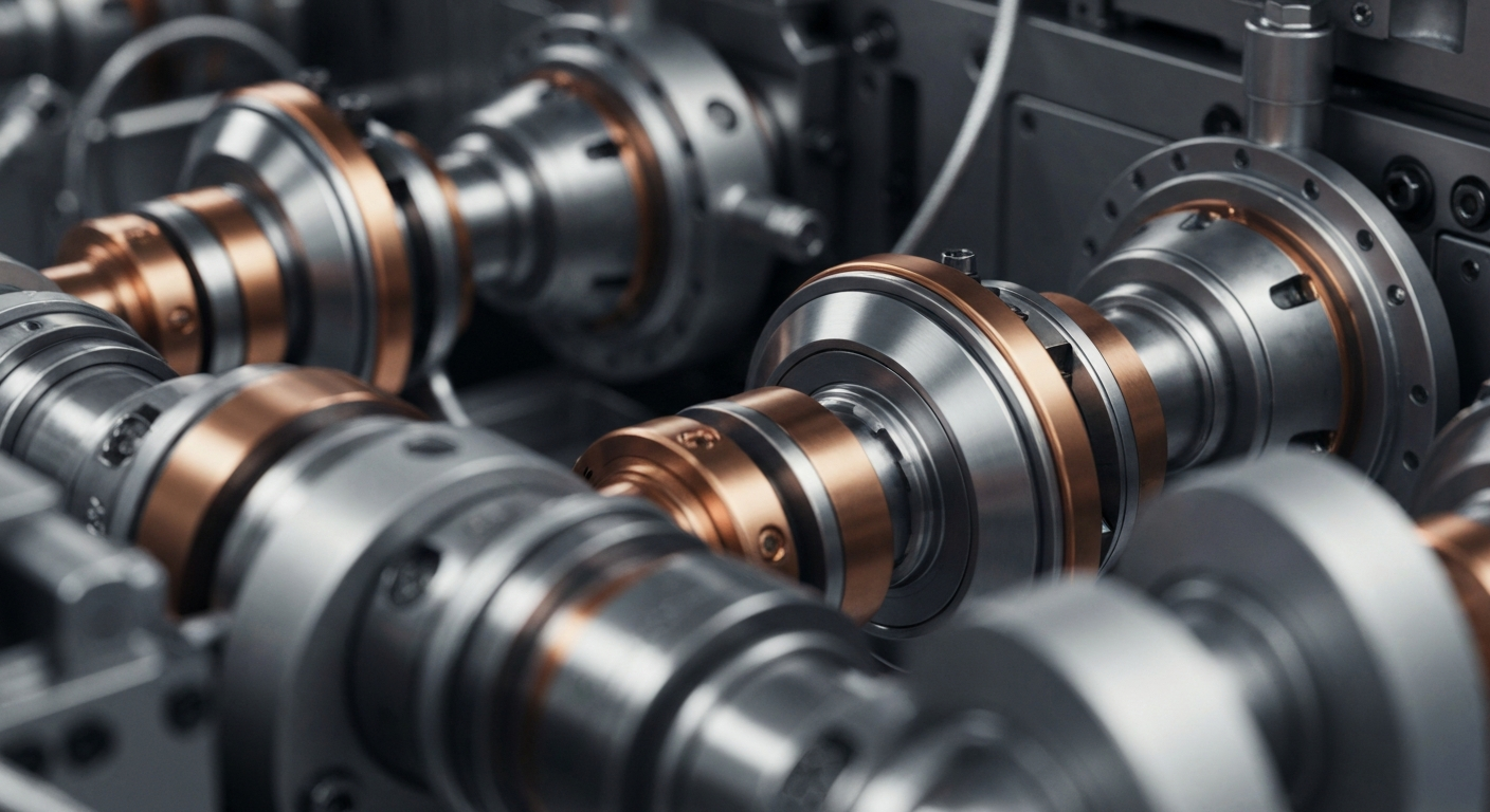 An extreme close-up of complex, interlocking aerospace manufacturing machinery in shades of grey, copper, and chrome, conveying a sense of technical precision and engineering capability.