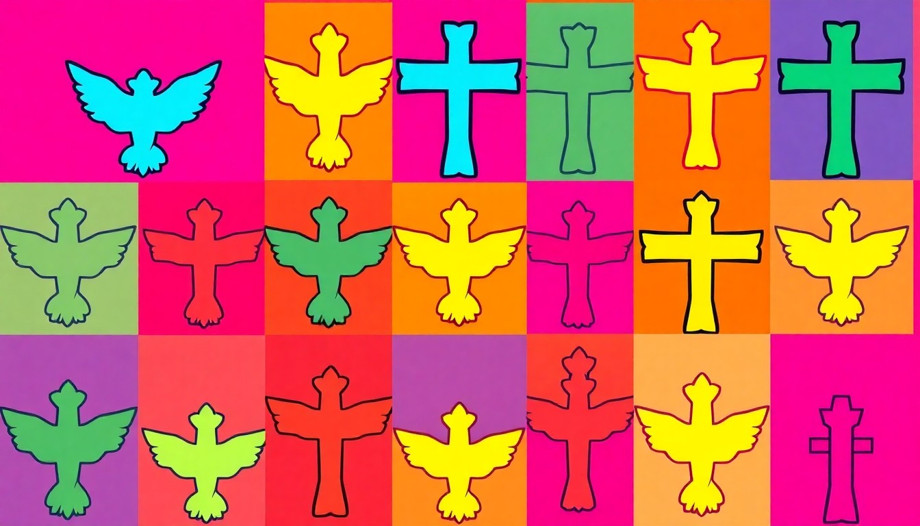 A brightly colored, high-contrast silkscreen print of a single, iconic Christian cross symbol repeated in a tight grid pattern, utilizing flat, vibrant neon colors and heavy black outlines to transform the religious icon into modern pop art.