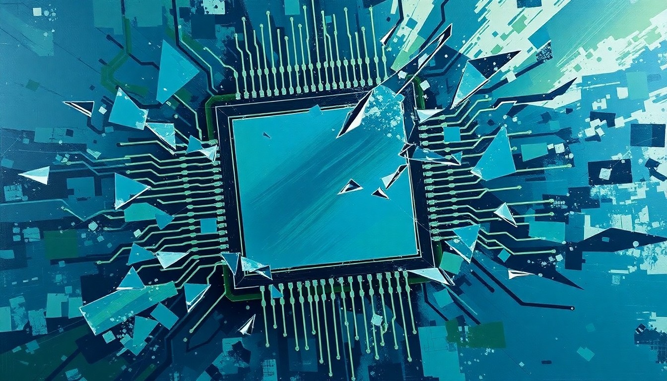 A vibrant, fragmented painting of a computer chip or circuit board in shades of blue, green, and gray, conceptually representing the rapid technological changes shaping the political landscape.