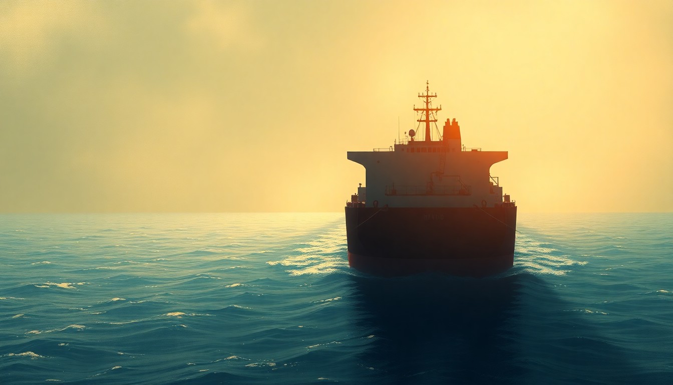 A photorealistic painting of an oil tanker sailing through the Strait of Hormuz, with the vessel's hull and superstructure reflected in the calm waters. The scene is bathed in warm, golden light, creating a sense of unease and foreboding.