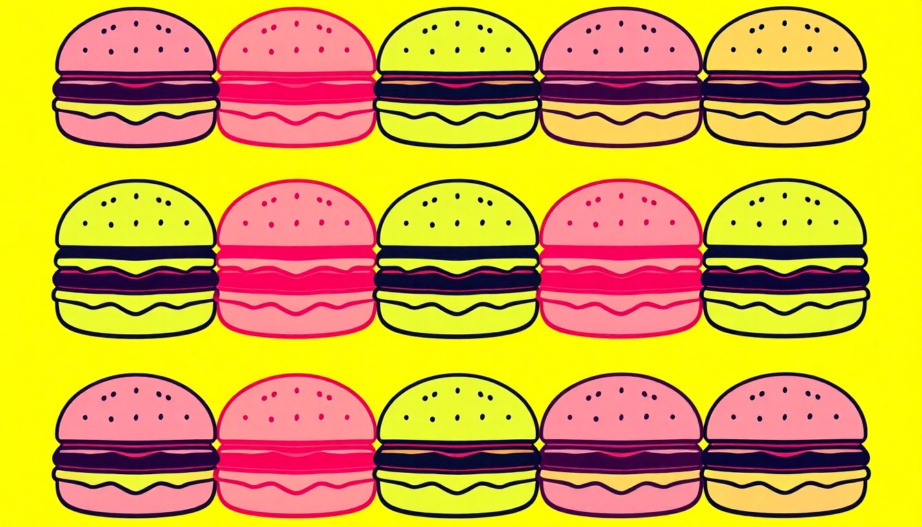 A highly stylized, silkscreen-inspired illustration featuring a repeated pattern of a single, iconic burger icon rendered in a palette of neon greens, oranges, and blues with heavy black outlines, creating a dynamic, modern pop art composition.