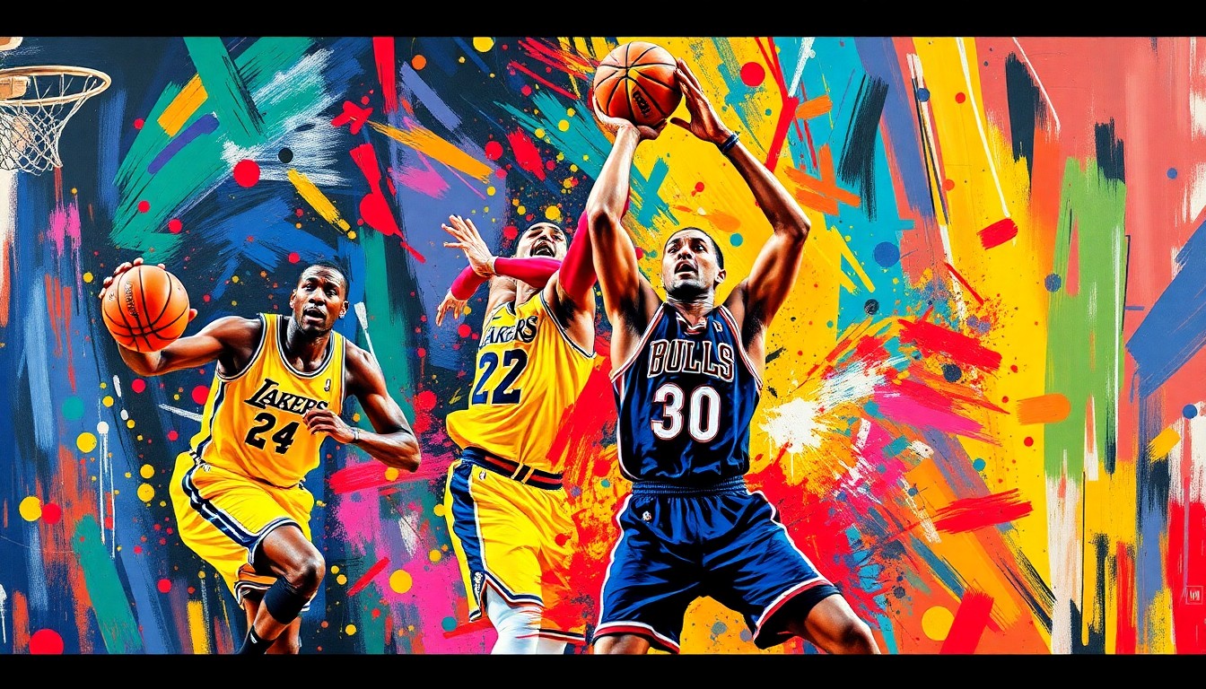 An abstract, expressionist painting featuring vibrant neon brushstrokes and shapes that capture the energy and intensity of a high-stakes NBA basketball game, conveying the fast-paced action and emotion of the overtime thriller.
