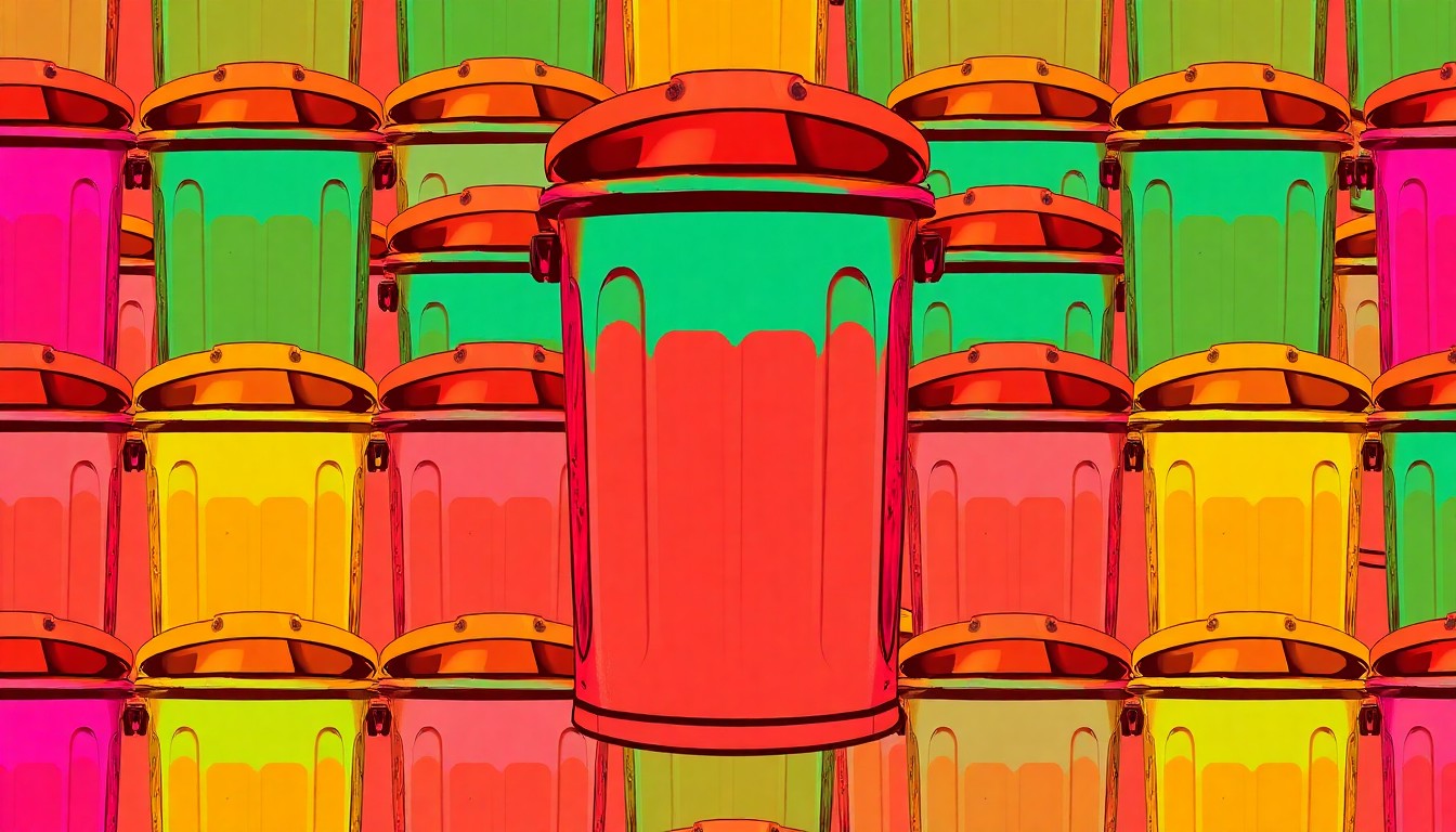 A highly stylized, pop art-inspired illustration featuring a repeating pattern of a bright blue bear-proof trash can against a neon pink background, conceptually representing the importance of proper waste management in coexisting safely with bears.