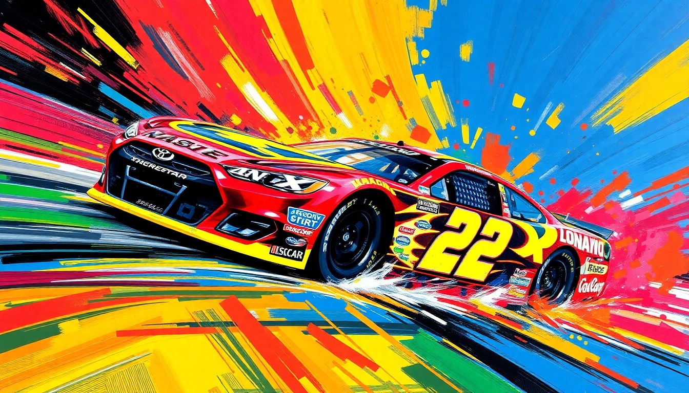 A vibrant, expressionist painting depicting the No. 22 NASCAR car of Joey Logano in motion, with bold brushstrokes and neon colors capturing the energy and dynamism of the race.