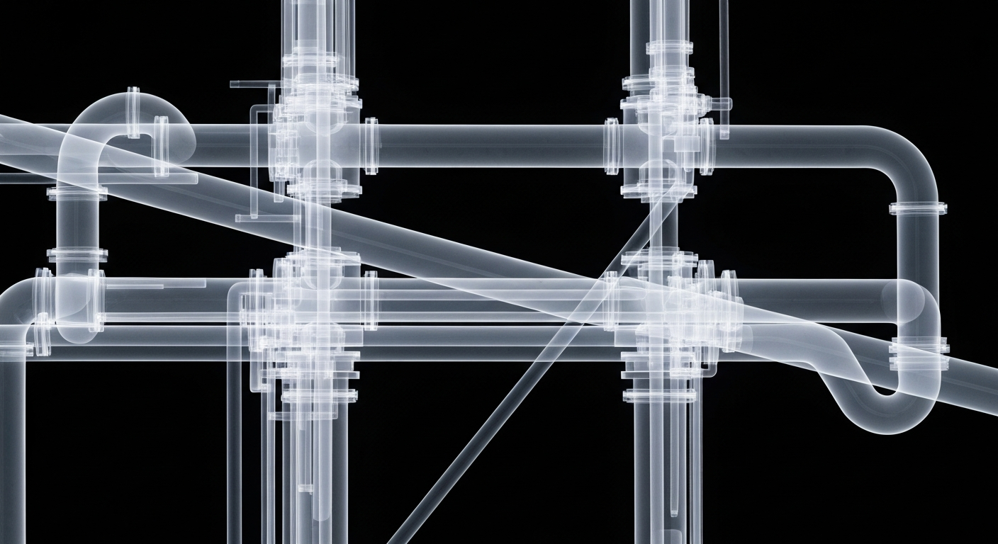 An extreme close-up X-ray photograph revealing the intricate internal components of a water treatment facility's fluoride injection system, conceptually illustrating the technical details behind the court-ordered restoration of this public health measure.