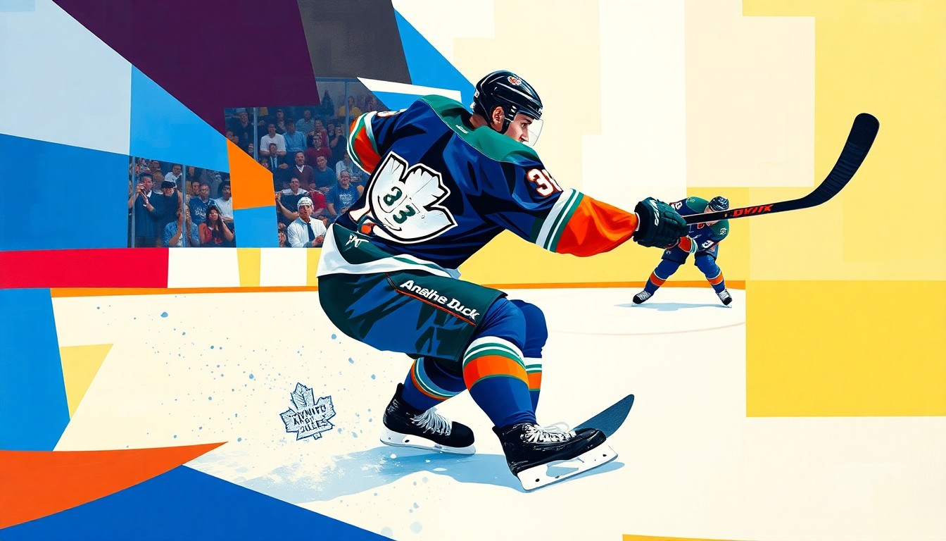 A fractured, cubist-style painting depicting a hockey player scoring a goal, with the vibrant colors of the Anaheim Ducks and Toronto Maple Leafs uniforms breaking down into sharp, overlapping geometric shapes.