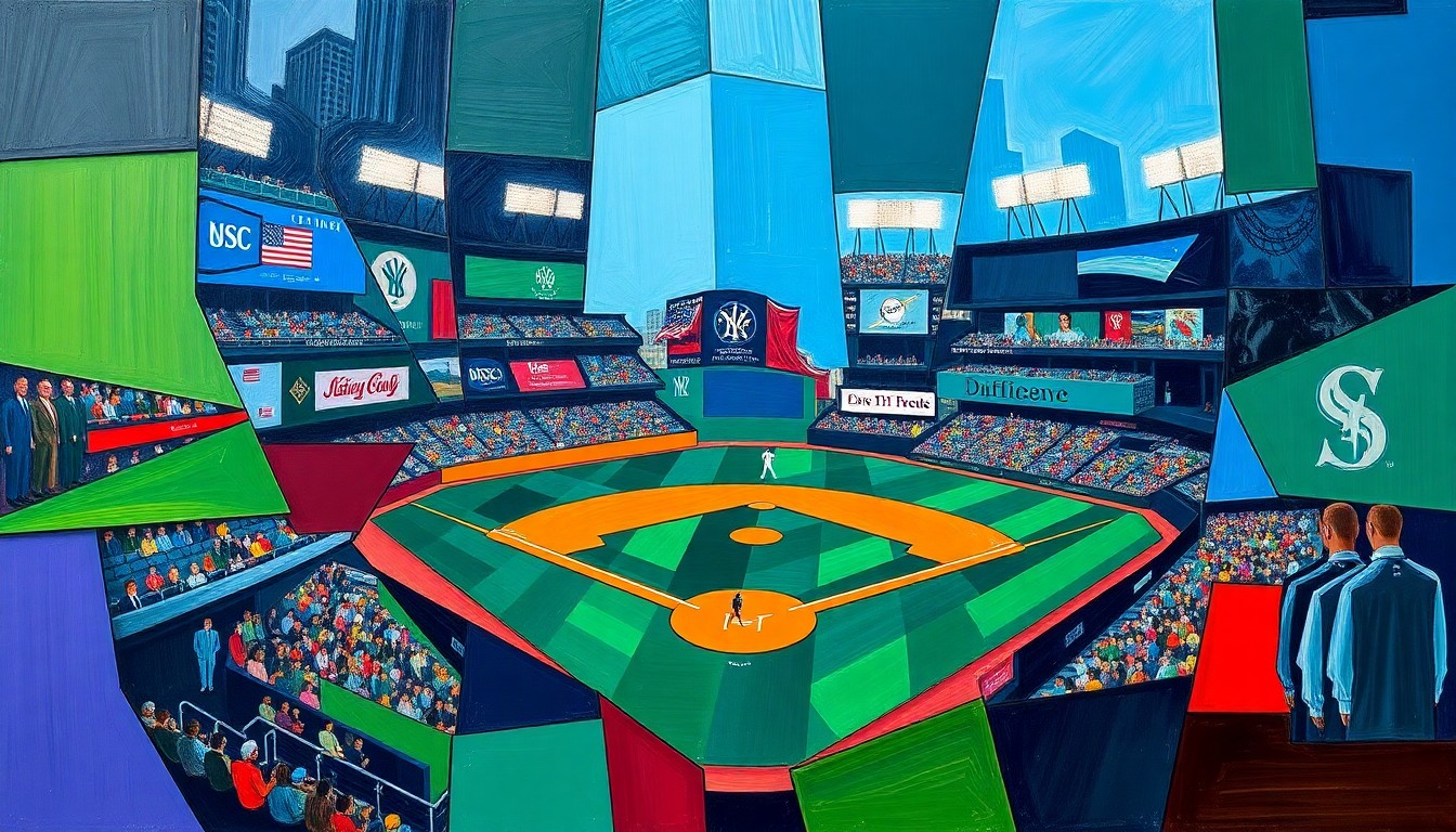A fragmented, geometric painting depicting a baseball game, with overlapping planes of color representing the action on the field.