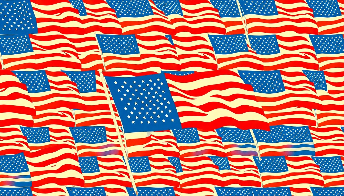A bold, stylized silkscreen print featuring a repeating pattern of a waving American flag in a grid, capturing the celebratory energy of the annual Three Oaks Flag Day festivities.