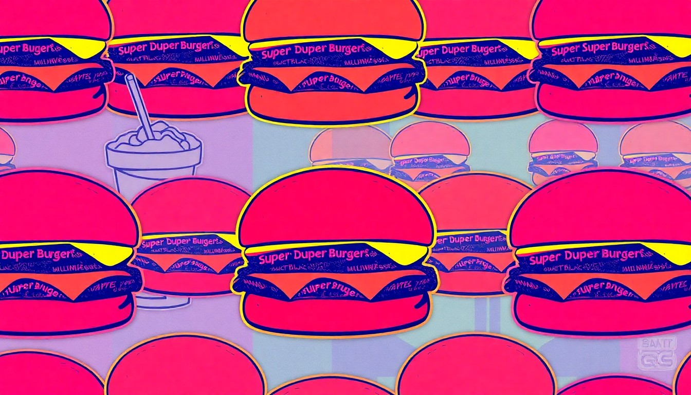 A high-contrast, silkscreen-style illustration of a Super Duper Burgers cheeseburger repeated in a grid pattern, using bold, neon-inspired colors and heavy black outlines to transform the everyday menu item into a modern pop art piece.