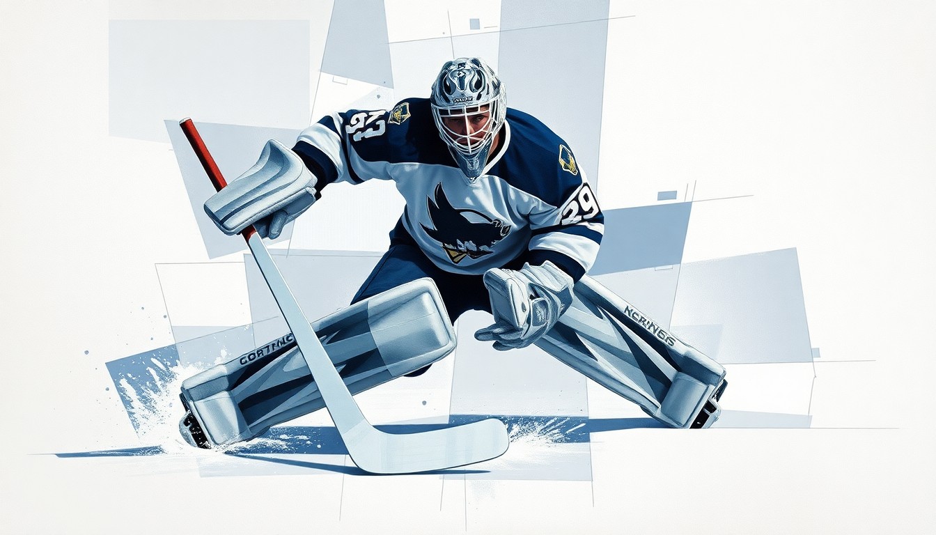 A cubist, geometric painting depicting a hockey goaltender making a save, with the figure broken down into sharp, overlapping planes of muted blues, grays, and whites.