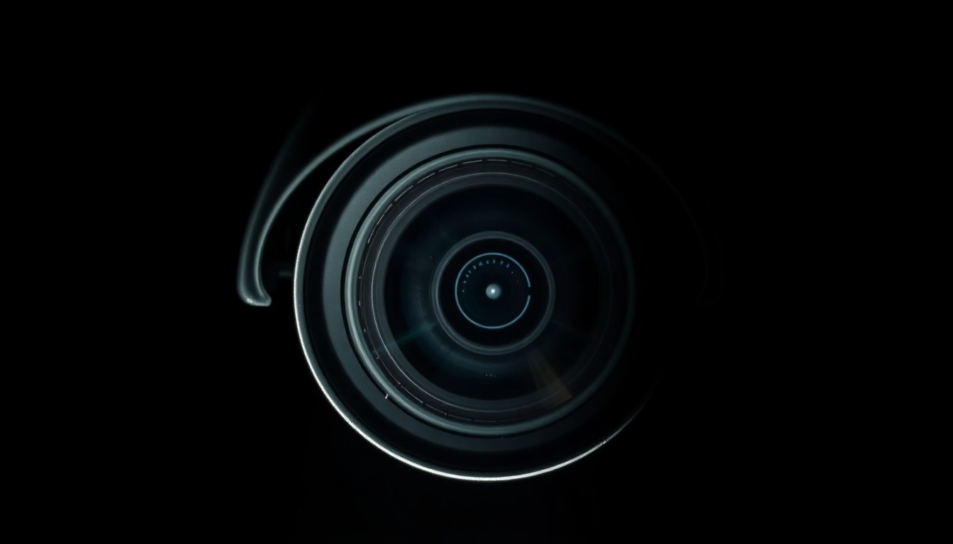 An extreme close-up of a police surveillance camera lens, capturing the harsh, gritty texture and dramatic lighting to convey the investigative nature of the new real-time crime center.