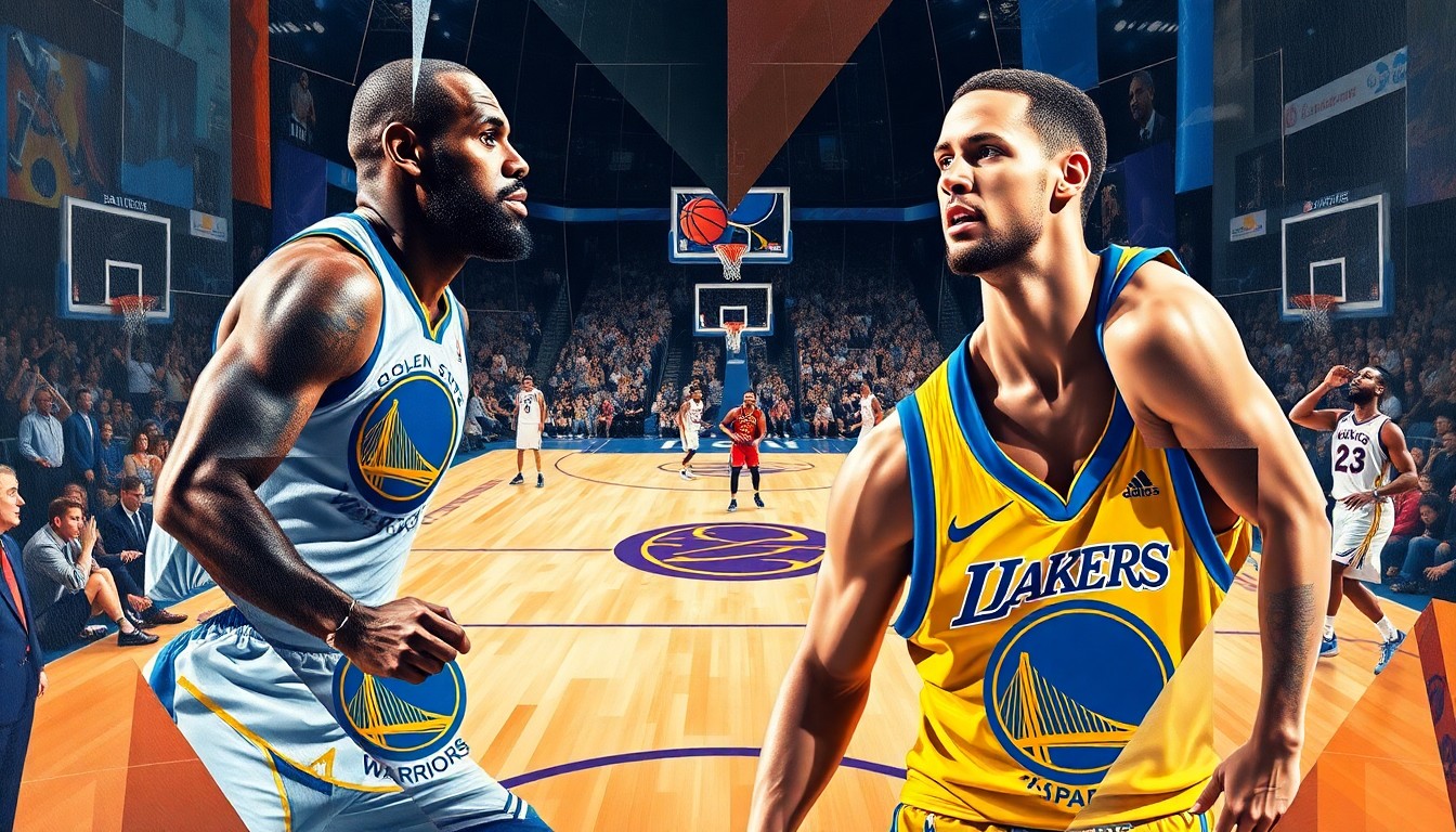 A fractured, cubist-style painting depicting a basketball game between the Golden State Warriors and Los Angeles Lakers, with the players' forms abstracted into dynamic, angular shapes and LeBron James and Stephen Curry as the focal points.