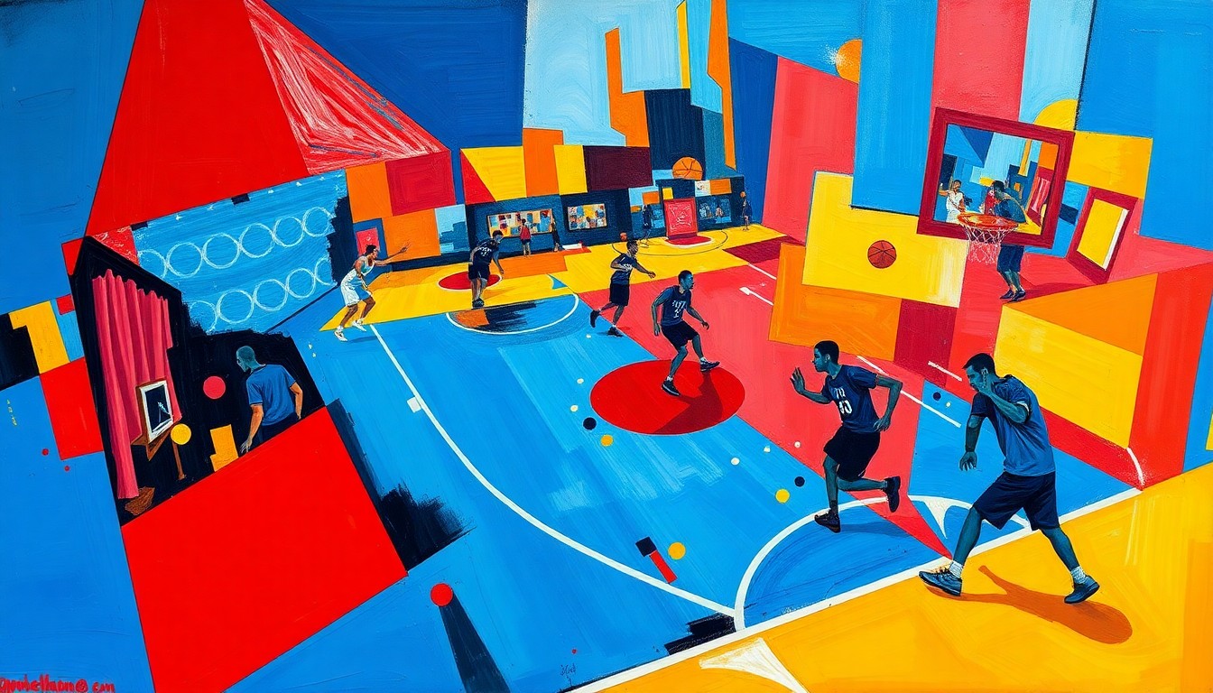 A fractured, multi-perspective painting in bold, vibrant colors that captures the energy and movement of a high-scoring basketball game through a cubist lens.
