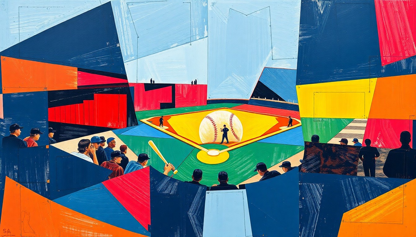 A fractured, geometric painting in bold colors depicting the dynamic motion and energy of a softball game, with players and the field deconstructed into angular, overlapping shapes.