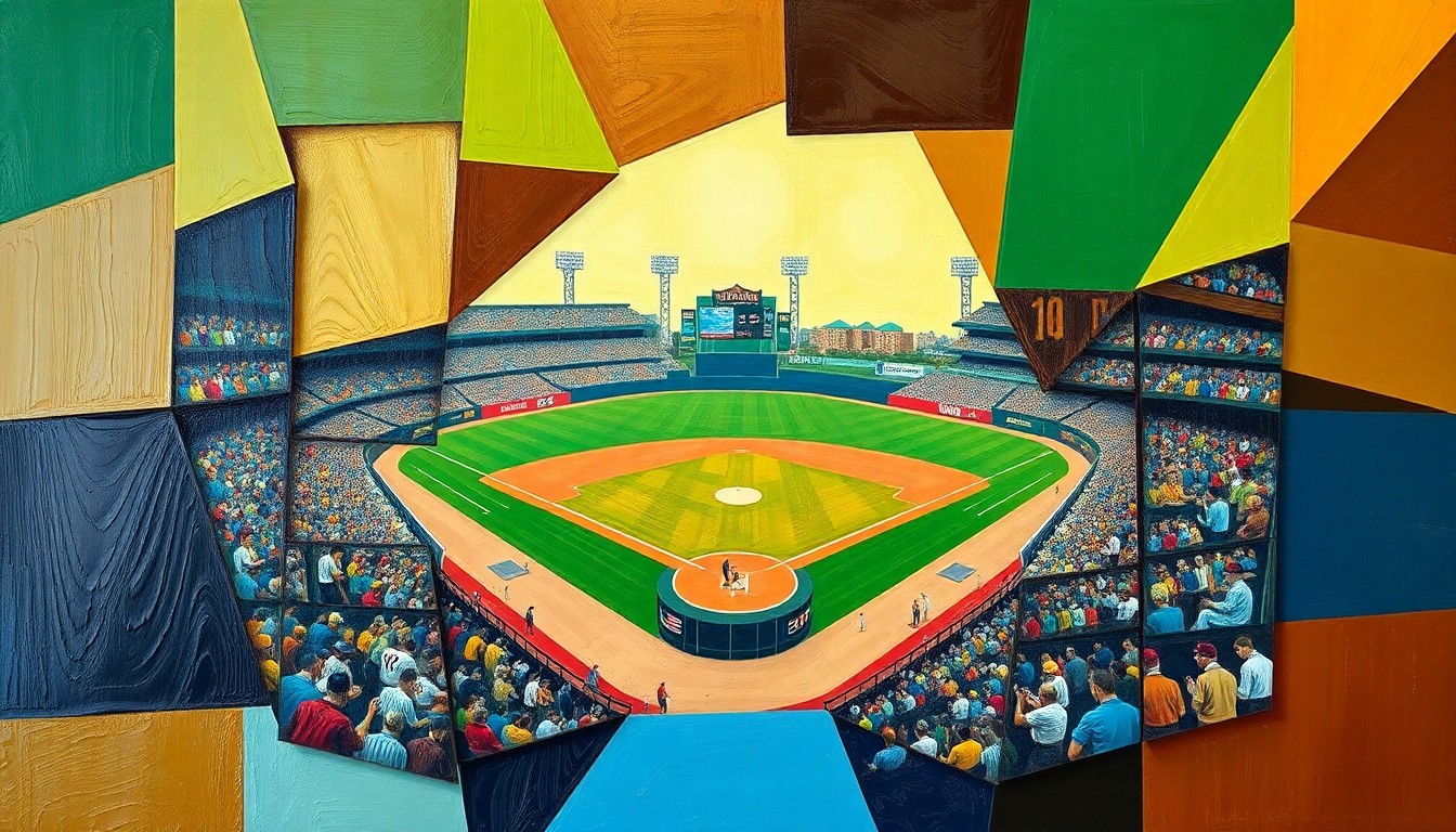 A fragmented, geometric painting depicting the dynamic movements and energy of a baseball game, with sharp planes of green, brown, and blue hues.