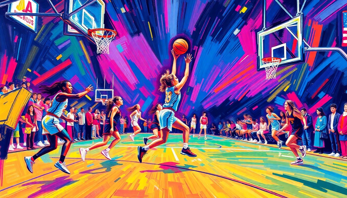 An abstract, textured painting in bright neon colors, with sweeping brushstrokes that evoke the dynamic movement and energy of a high school basketball game.