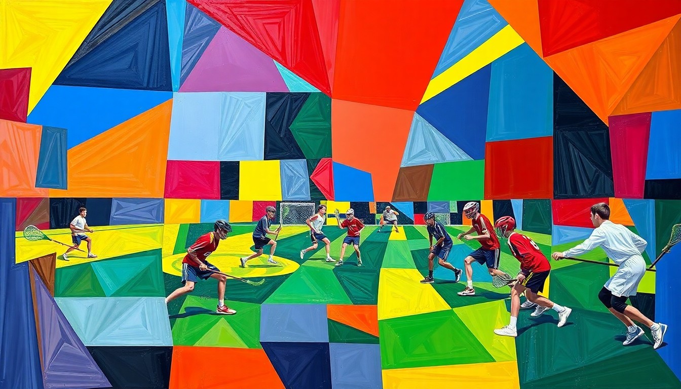 A cubist, geometric painting depicting a high school boys lacrosse game, with the players and field broken down into overlapping planes of bright colors, capturing the dynamic action and energy of the sport.