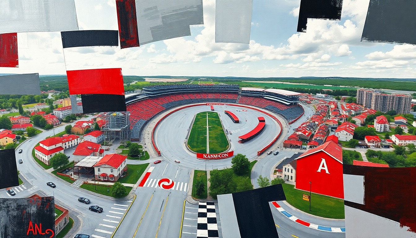 A cubist, geometric painting depicting the Indianapolis Motor Speedway and surrounding Speedway, Indiana neighborhood, with sharp, overlapping planes in shades of red, black, white, and grey, conceptually representing the town's efforts to redevelop the abandoned hotel property.