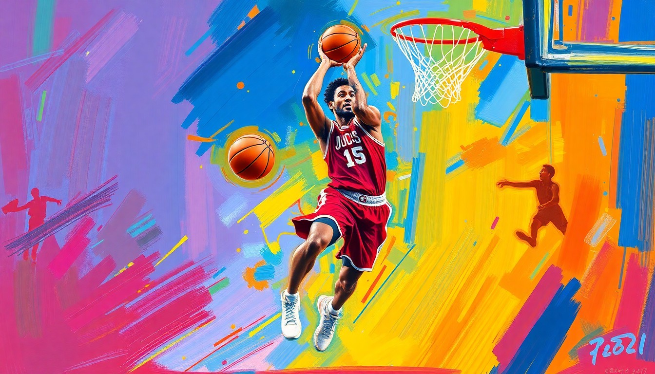 An abstract painting featuring bold, sweeping brushstrokes in neon shades of blue, orange, and pink, capturing the dynamic movement and energy of a basketball player in action.