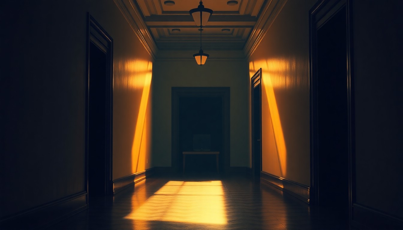 A quiet, cinematic painting of a solitary voting booth in a dimly lit, empty government building hallway, bathed in warm, diagonal sunlight and deep shadows, conceptually representing the civic duty and political uncertainty surrounding a special election.