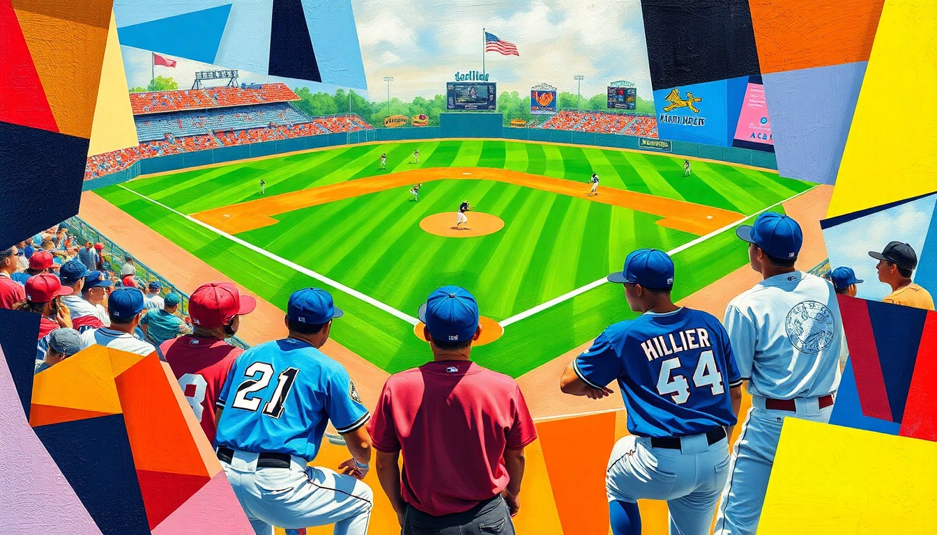 A fragmented, geometric painting depicting the dynamic movements and competing perspectives of a high school baseball game, rendered in a cubist style with bold, clashing colors.