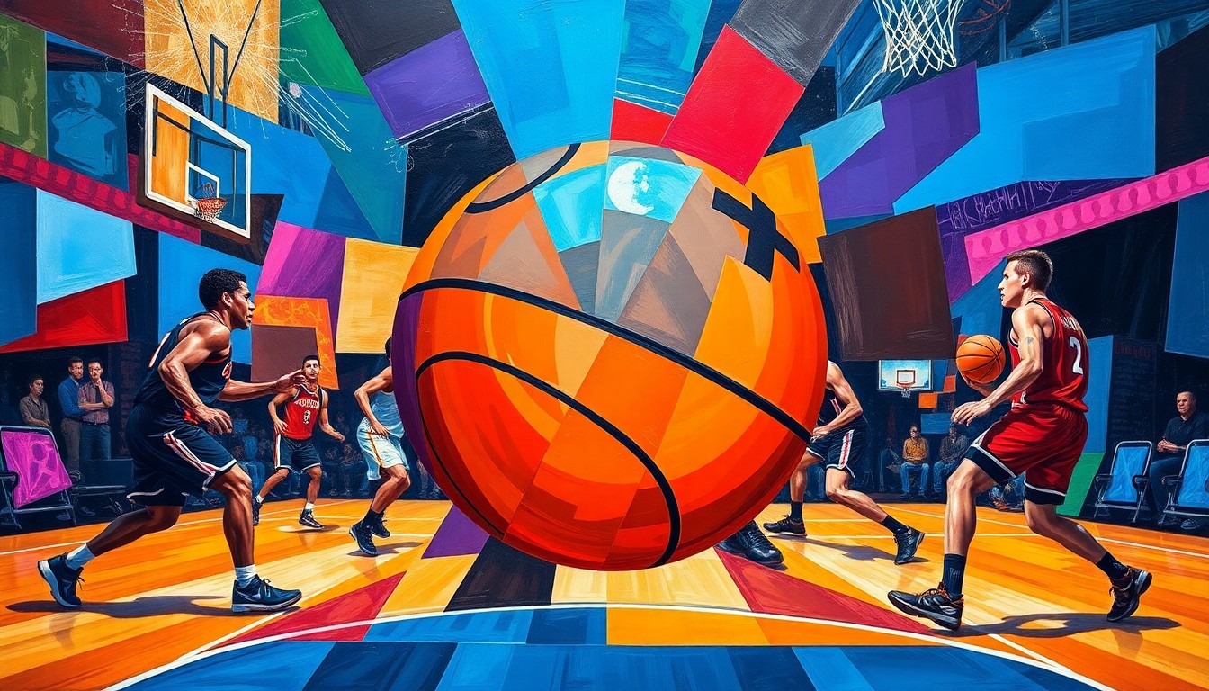A fractured, geometric painting depicting a basketball game, with the ball as the central focus and distorted players and court elements surrounding it. The use of vibrant colors and overlapping planes creates a sense of energy and intensity.