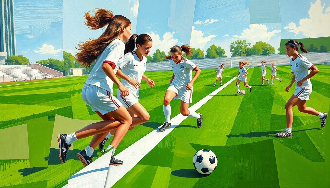 A fragmented, geometric painting depicting the dynamic movements and perspectives of a girls soccer game, with overlapping planes of green grass, white uniforms, and a soccer ball.