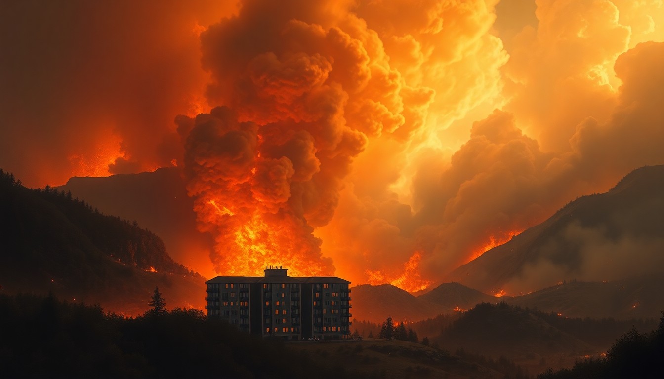A sweeping, atmospheric landscape painting depicting a large condo building engulfed in towering flames and billowing smoke, conveying the overwhelming scale and power of the natural disaster.