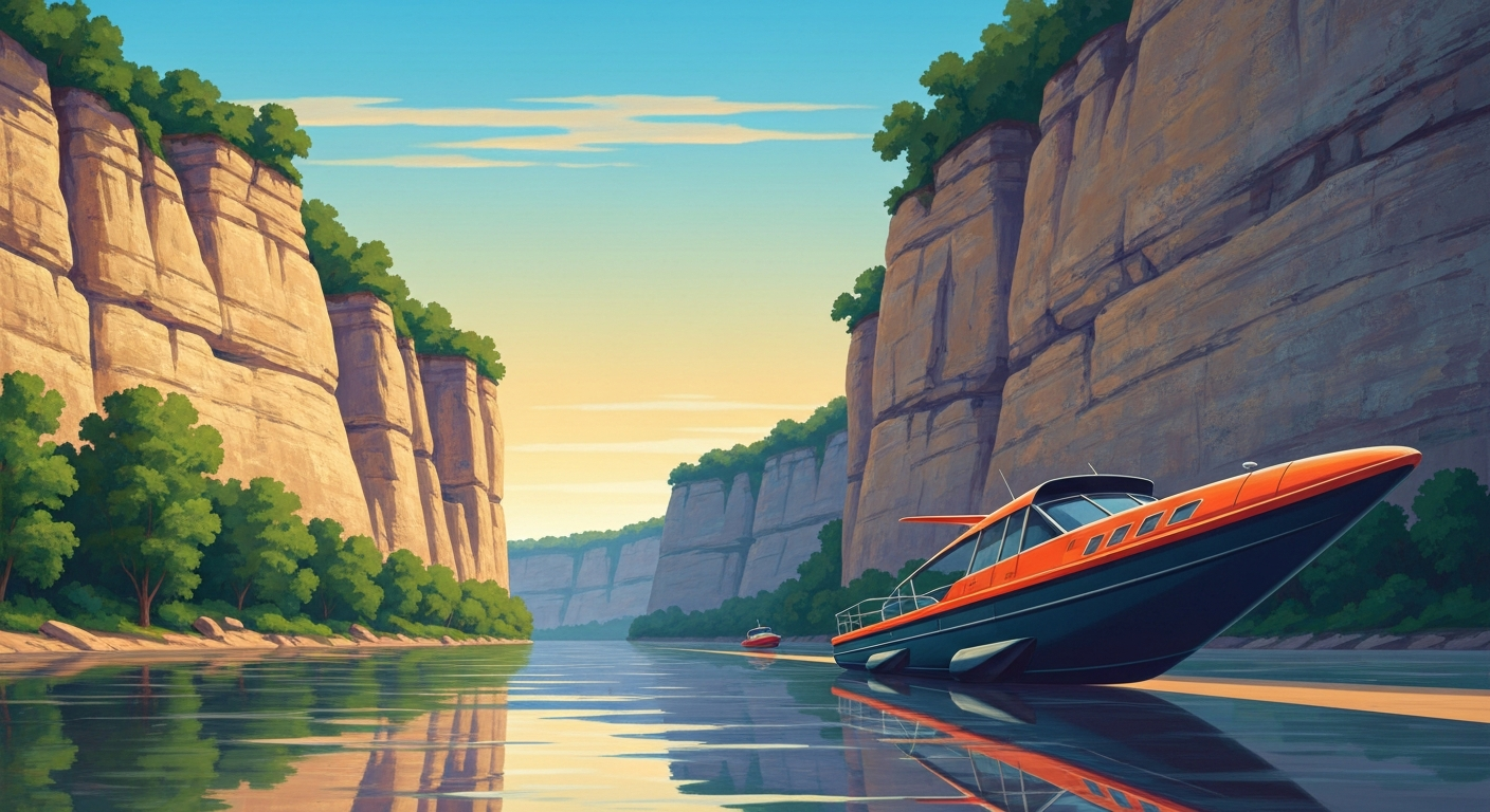 A bold, geometric illustration in the Art Deco style depicts the sweeping landscape of limestone bluffs and the Missouri River that surround the Katy Trail as it passes through the town of Rocheport, creating a sense of grand scale and romantic travel.