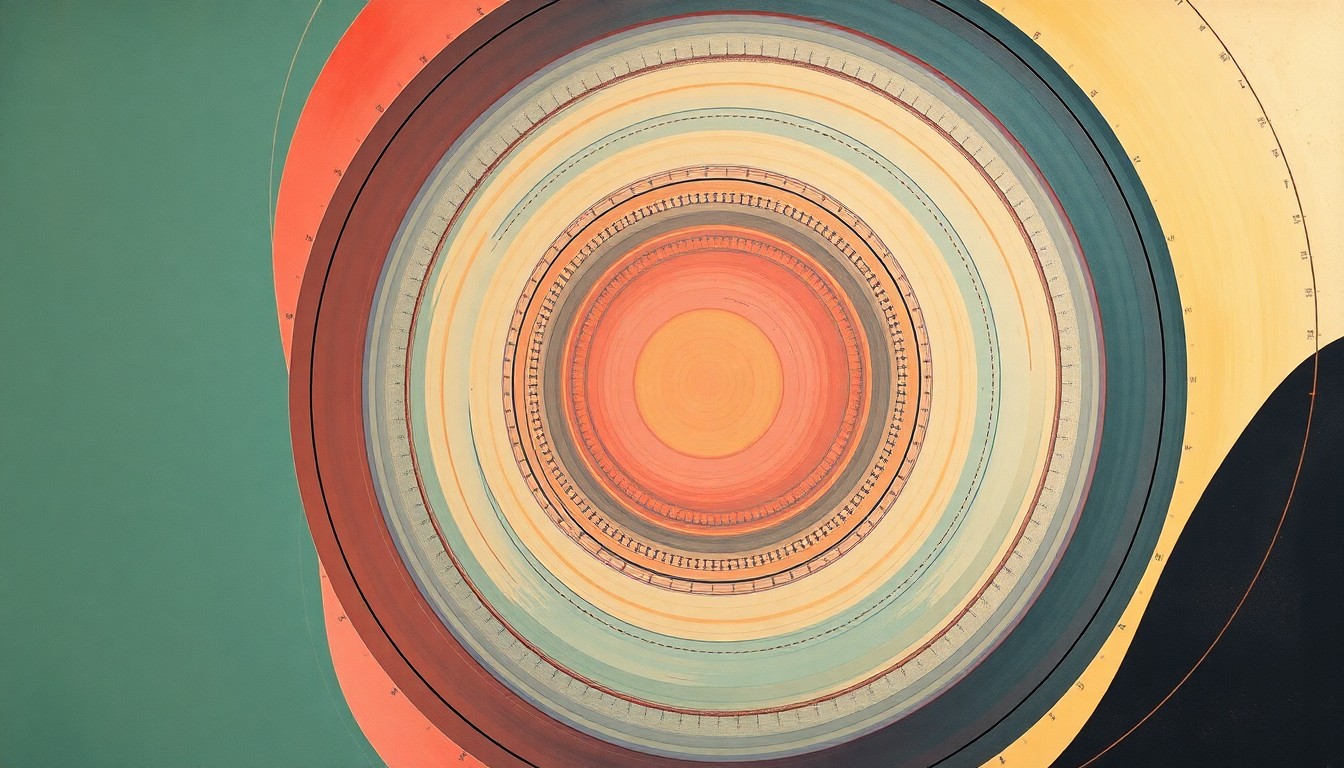 A highly abstract, geometric painting in soft blues, greens, and oranges, featuring sweeping arcs, concentric circles, and precise botanical spirals, conveying the complex structural order of cancer genomics without any text or identifiable elements.