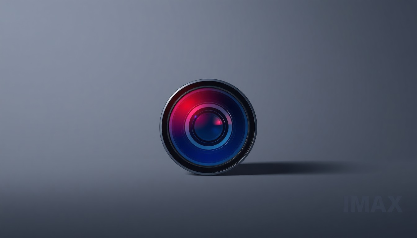 A close-up photograph of a sleek, modern IMAX movie theater projector lens sitting on a clean, monochromatic background, using dramatic lighting and shadows to represent the technological innovation at the core of IMAX's business.